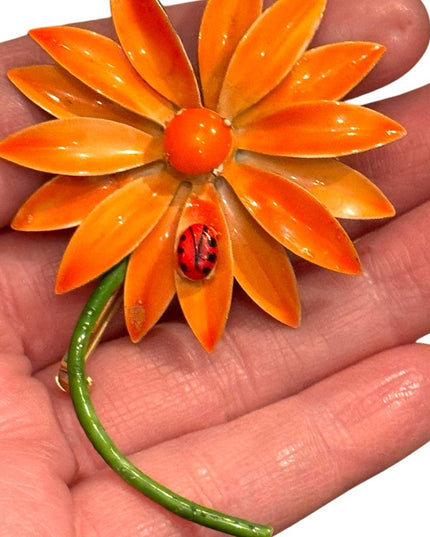 Vintage "Original by Robert" Enamel Orange Daisy Flower with Lady Bug Brooch Pin