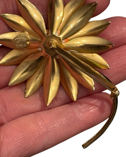 Vintage "Original by Robert" Enamel Orange Daisy Flower with Lady Bug Brooch Pin