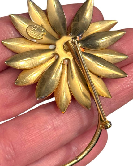 Vintage "Original by Robert" Enamel Orange Daisy Flower with Lady Bug Brooch Pin