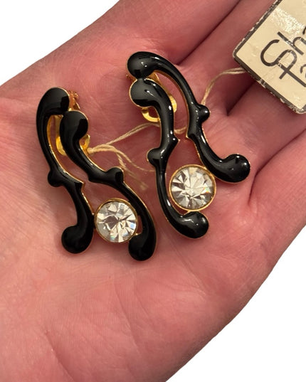Vintage black enamel gold plt w crystal Sharra Pagano Clip on Earrings