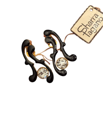 Vintage black enamel gold plt w crystal Sharra Pagano Clip on Earrings