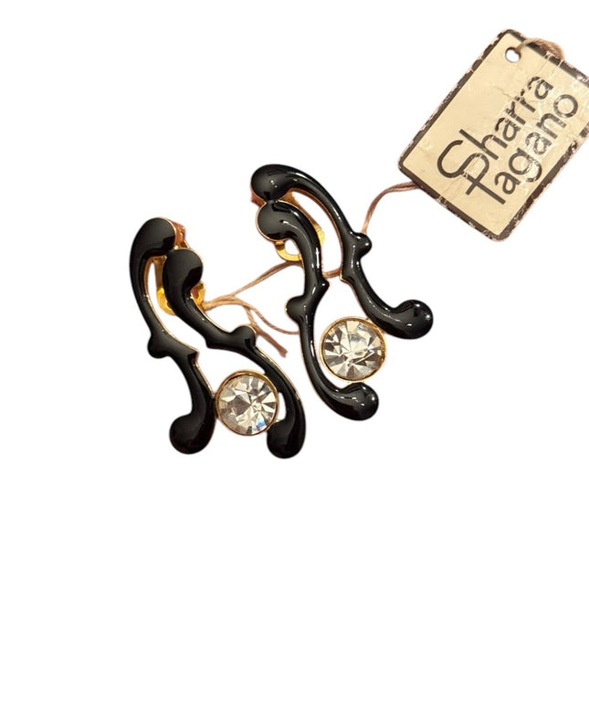Vintage black enamel gold plt w crystal Sharra Pagano Clip on Earrings