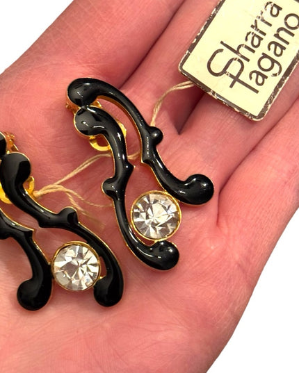 Vintage black enamel gold plt w crystal Sharra Pagano Clip on Earrings