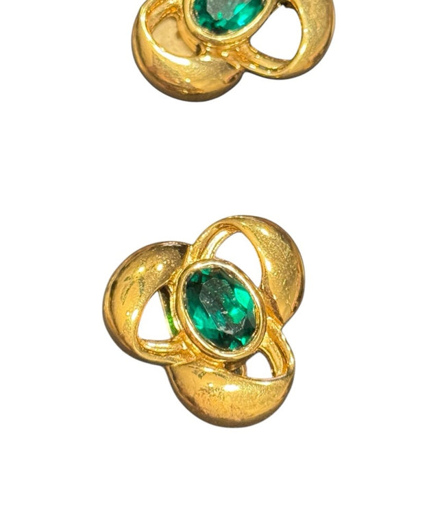 Vintage Nina Ricci Gold plt Green Crystal floral design Clip-On Earrings
