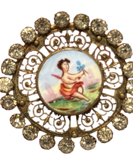 Antique 1850s Hand painted French Angel Gold filagree Button with Rhinestones