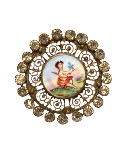 Antique 1850s Hand painted French Angel Gold filagree Button with Rhinestones