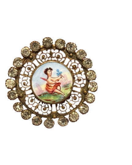 Antique 1850s Hand painted French Angel Gold filagree Button with Rhinestones