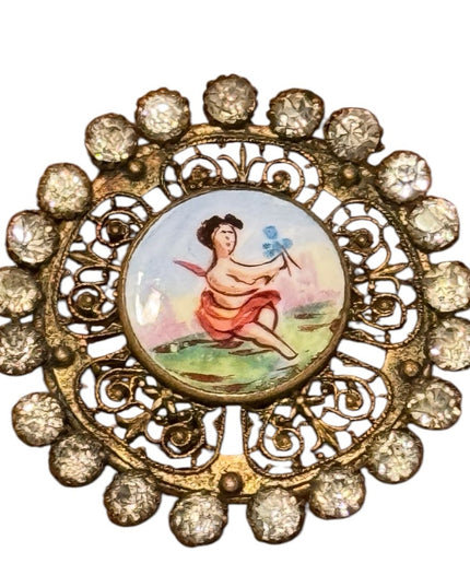 Antique 1850s Hand painted French Angel Gold filagree Button with Rhinestones