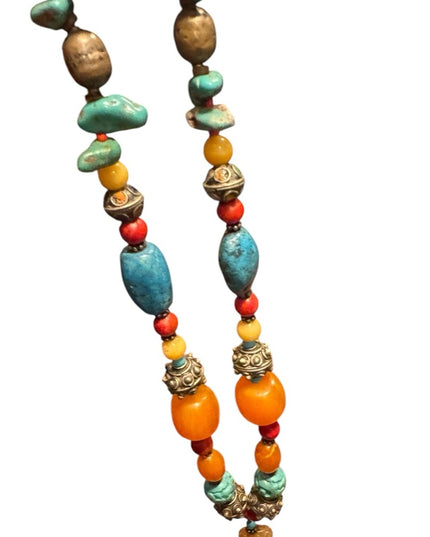 Vintage Bohemian Trader bead  Necklace with Turquois and Orange beads Buddah