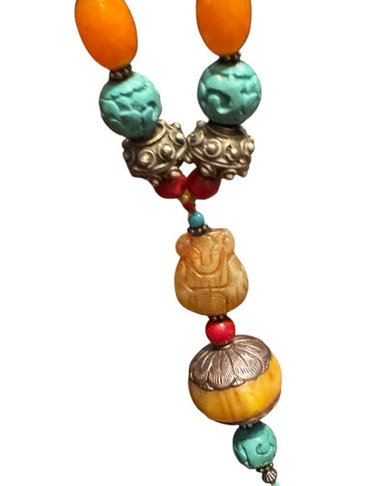 Vintage Bohemian Trader bead  Necklace with Turquois and Orange beads Buddah