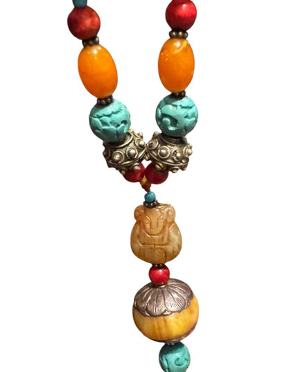 Vintage Bohemian Trader bead  Necklace with Turquois and Orange beads Buddah
