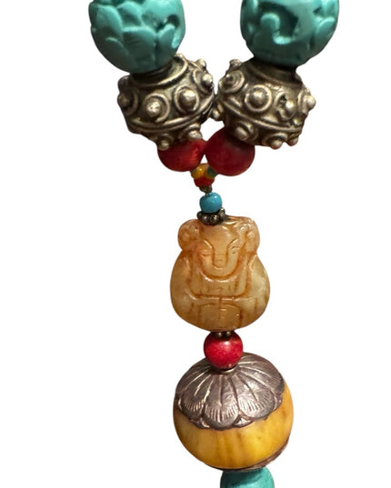 Vintage Bohemian Trader bead  Necklace with Turquois and Orange beads Buddah