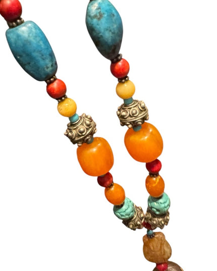 Vintage Bohemian Trader bead  Necklace with Turquois and Orange beads Buddah