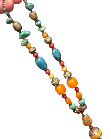 Vintage Bohemian Trader bead  Necklace with Turquois and Orange beads Buddah