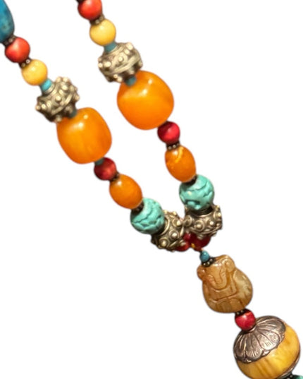 Vintage Bohemian Trader bead  Necklace with Turquois and Orange beads Buddah