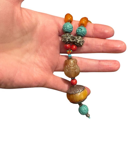 Vintage Bohemian Trader bead  Necklace with Turquois and Orange beads Buddah