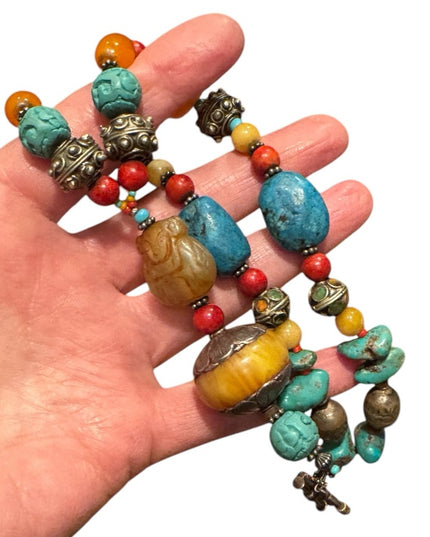 Vintage Bohemian Trader bead  Necklace with Turquois and Orange beads Buddah