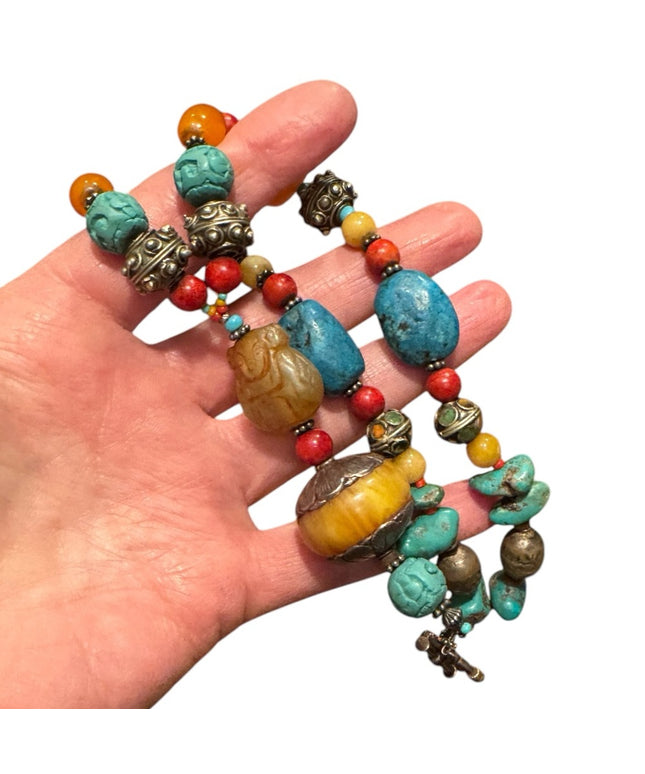 Vintage Bohemian Trader bead  Necklace with Turquois and Orange beads Buddah