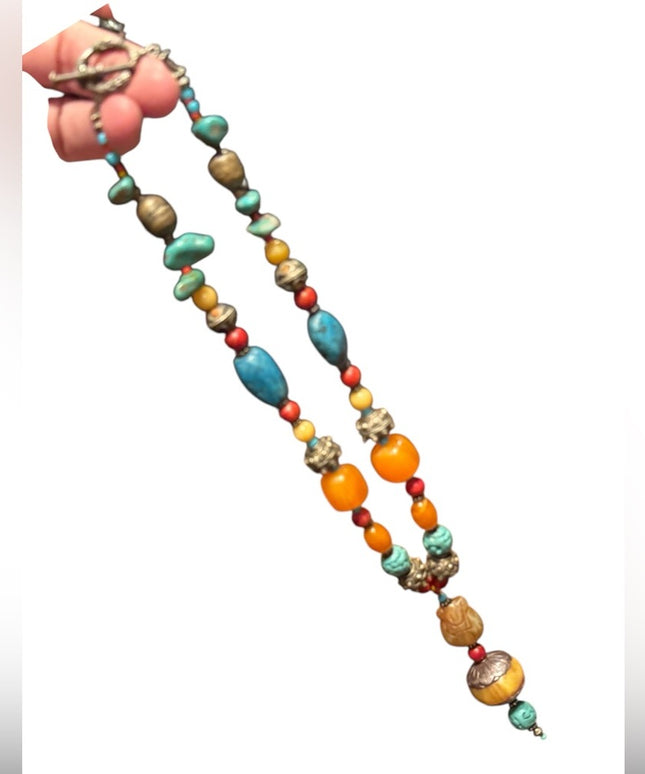 Vintage Bohemian Trader bead  Necklace with Turquois and Orange beads Buddah