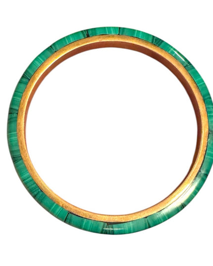 Vintage Brass Green Malachite Inlay Eternity Slip On Bangle Chunky Bracelet