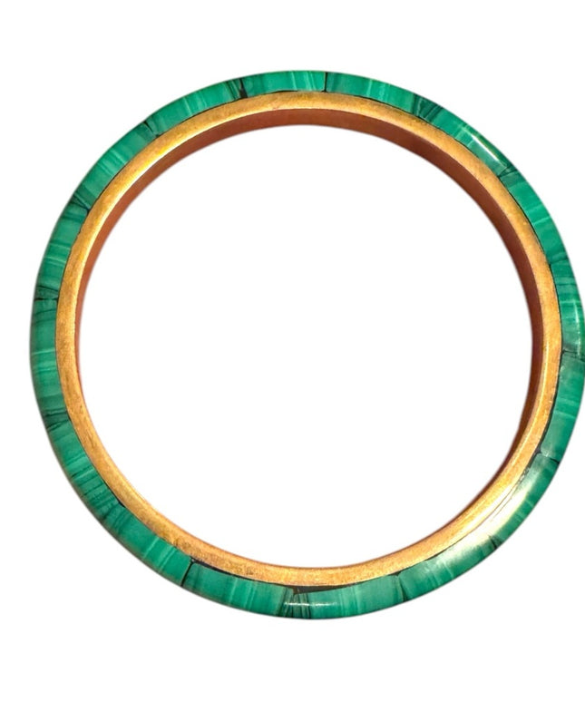 Vintage Brass Green Malachite Inlay Eternity Slip On Bangle Chunky Bracelet