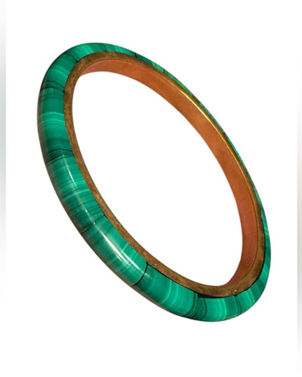 Vintage Brass Green Malachite Inlay Eternity Slip On Bangle Chunky Bracelet