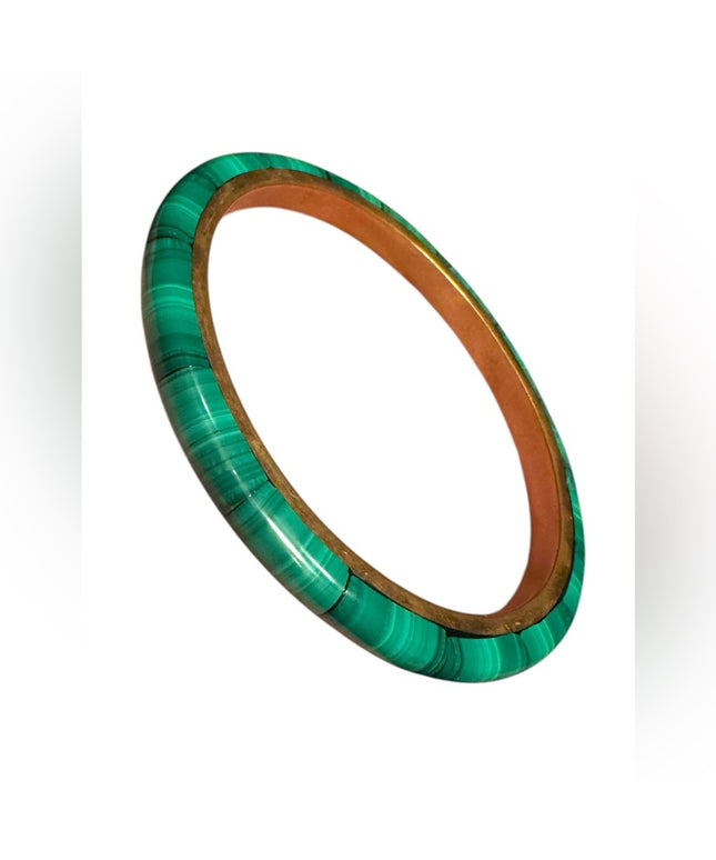 Vintage Brass Green Malachite Inlay Eternity Slip On Bangle Chunky Bracelet