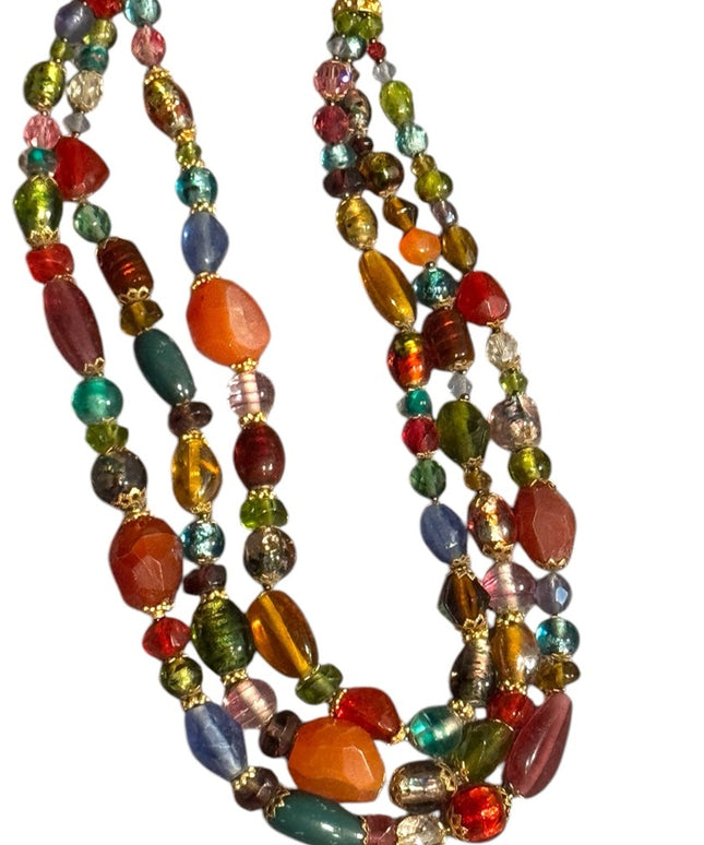 Vintage glass italian bead stone fruit salad Colorful Multi-Strand Necklace