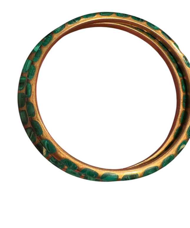 Vintage Set Gold and Green Makachite Mosaic Patterned Bangles