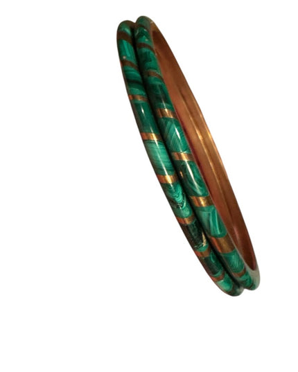 Vintage Set Gold and Green Makachite Mosaic Patterned Bangles