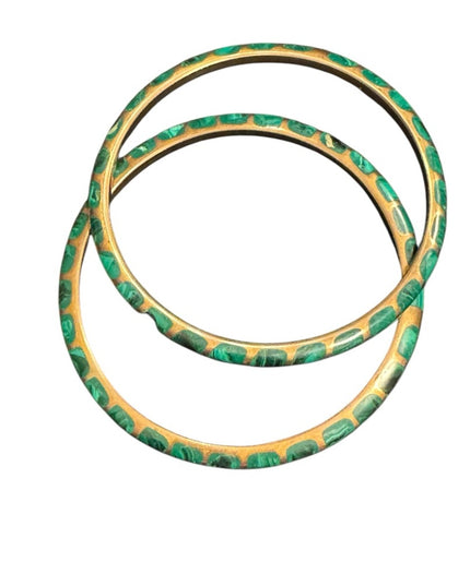 Vintage Set Gold and Green Makachite Mosaic Patterned Bangles