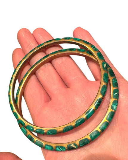 Vintage Set Gold and Green Makachite Mosaic Patterned Bangles