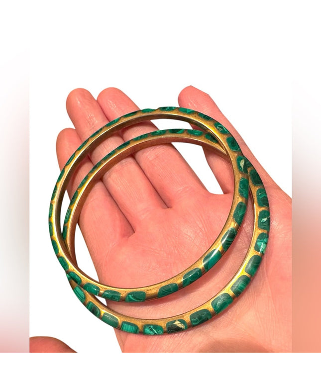 Vintage Set Gold and Green Makachite Mosaic Patterned Bangles