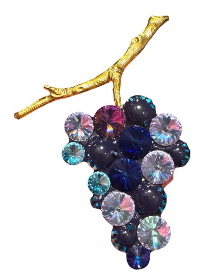 Vintage Purple blue clear crystal Grape Brooch with Gold plt Stem