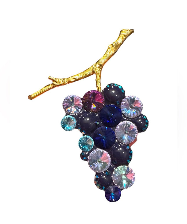 Vintage Purple blue clear crystal Grape Brooch with Gold plt Stem