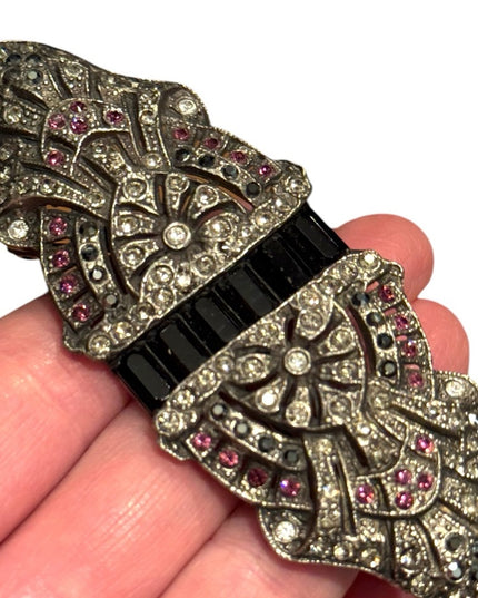 Vintage Silver and Black Art Deco inspired silver large rhinestone  Brooch
