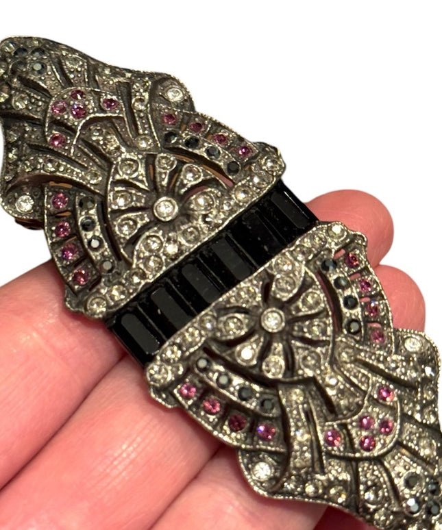 Vintage Silver and Black Art Deco inspired silver large rhinestone  Brooch