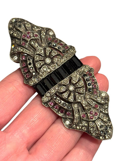 Vintage Silver and Black Art Deco inspired silver large rhinestone  Brooch