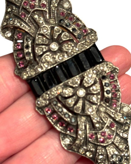Vintage Silver and Black Art Deco inspired silver large rhinestone  Brooch
