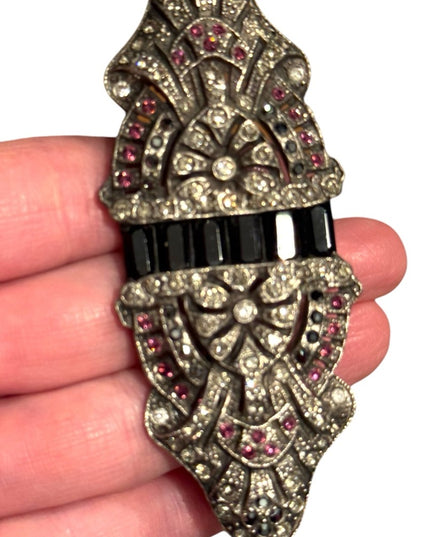 Vintage Silver and Black Art Deco inspired silver large rhinestone  Brooch