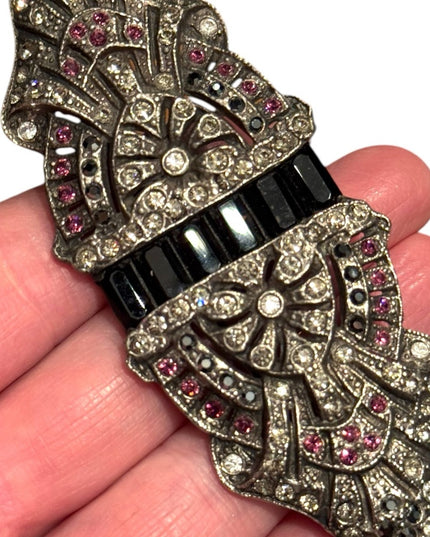 Vintage Silver and Black Art Deco inspired silver large rhinestone  Brooch