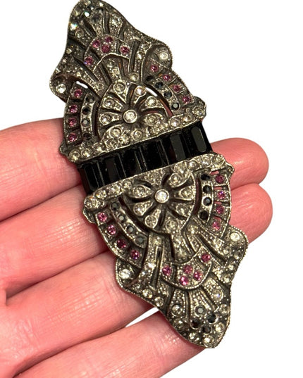 Vintage Silver and Black Art Deco inspired silver large rhinestone  Brooch