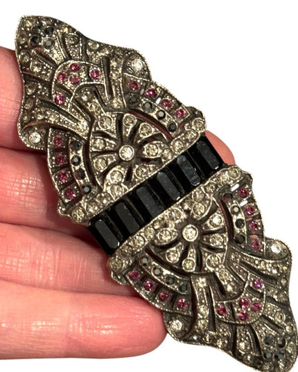 Vintage Silver and Black Art Deco inspired silver large rhinestone  Brooch