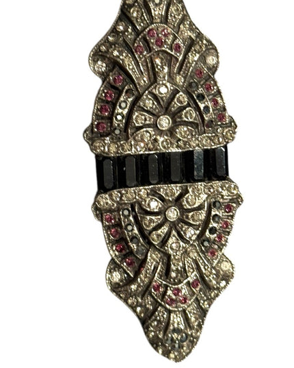 Vintage Silver and Black Art Deco inspired silver large rhinestone  Brooch