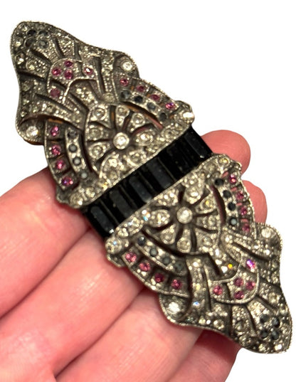 Vintage Silver and Black Art Deco inspired silver large rhinestone  Brooch