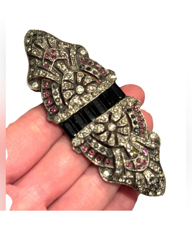 Vintage Silver and Black Art Deco inspired silver large rhinestone  Brooch