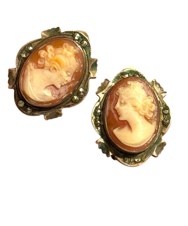 Vintage Cameo  clip on 800 silver Earrings Marcasite Accents