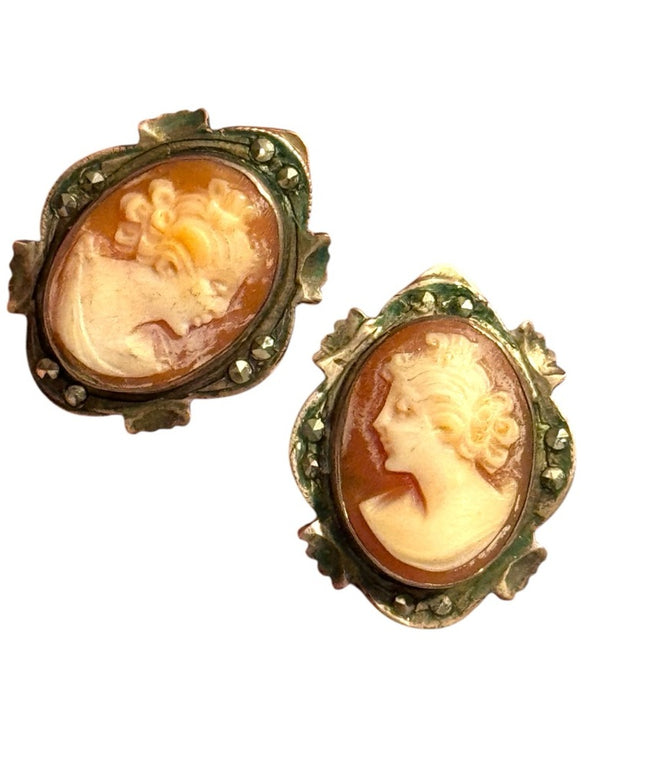 Vintage Cameo  clip on 800 silver Earrings Marcasite Accents