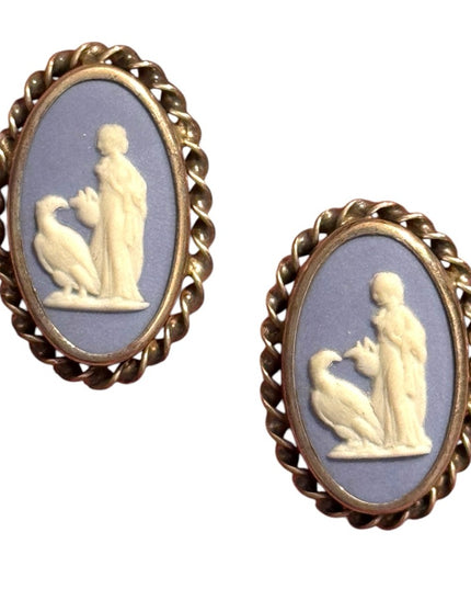Vintage  Wedgewood Blue angel sterling Rainbow Cameo Earrings with twisted trim