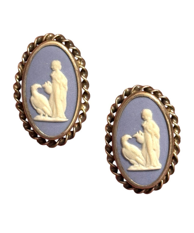 Vintage  Wedgewood Blue angel sterling Rainbow Cameo Earrings with twisted trim